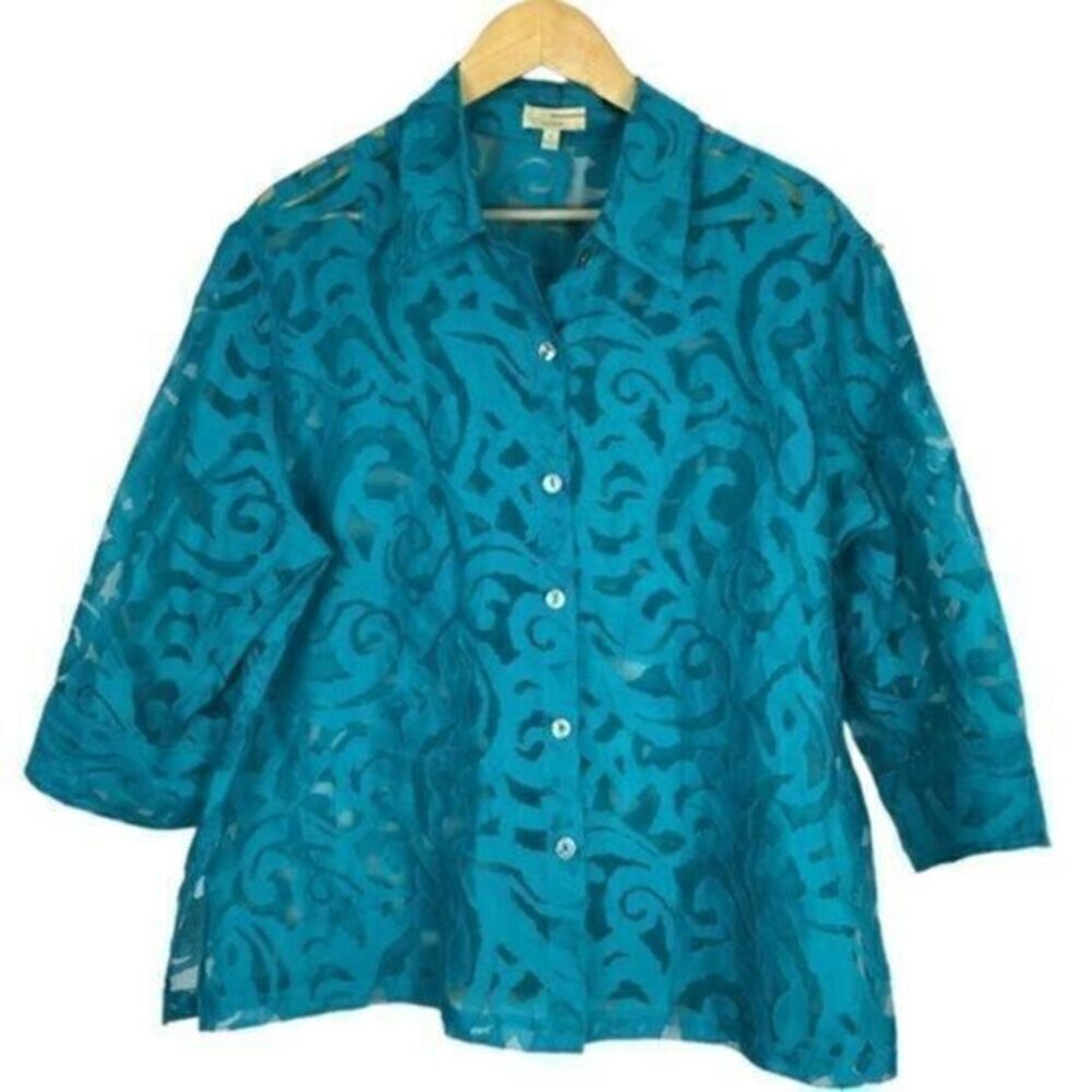 Choices Sheer Linen Blend Top 3/4 Length Sleeves Button Front XL Teal Green Blue